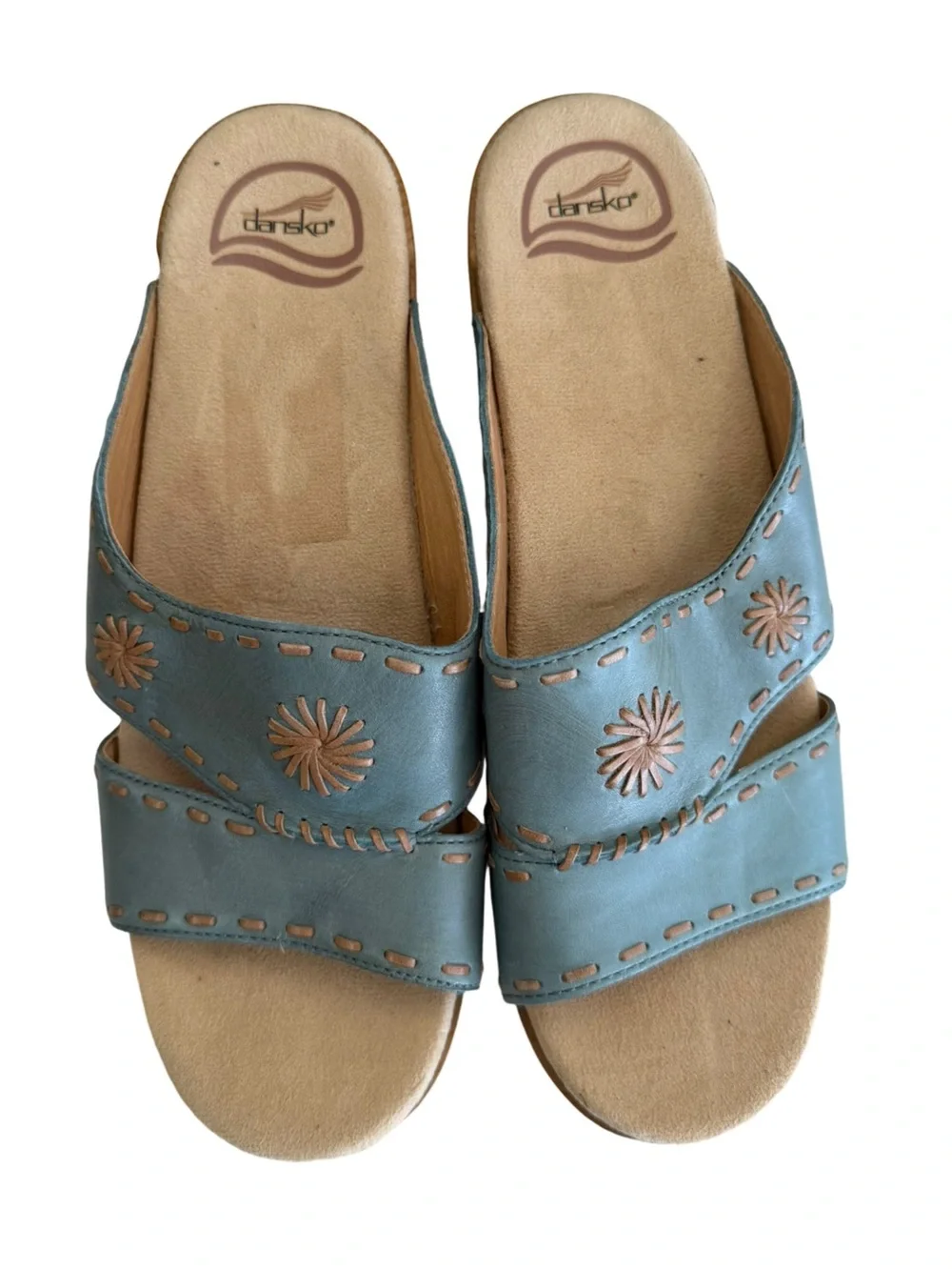 Dansko Blue Floral Cutout Leather Slide Sandals Size 41 US 10.5–11